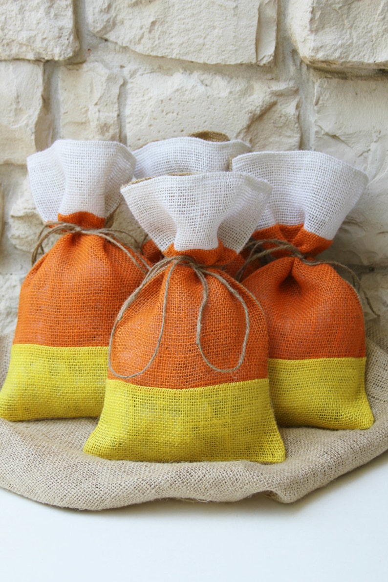 Burlap Gift bags, Halloween, Candy Corn, Thanksgiving, Farmhouse, Set of FOUR, As seen in Country Living October 2014 Treat Bags, Orange. image 1