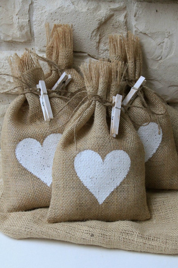 Burlap Gift Bags Set of Four White Heart 7 X Etsy