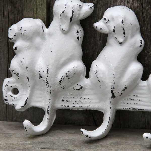 Six Dog Wall Hook, Cast Iron, White, Shabby Chic