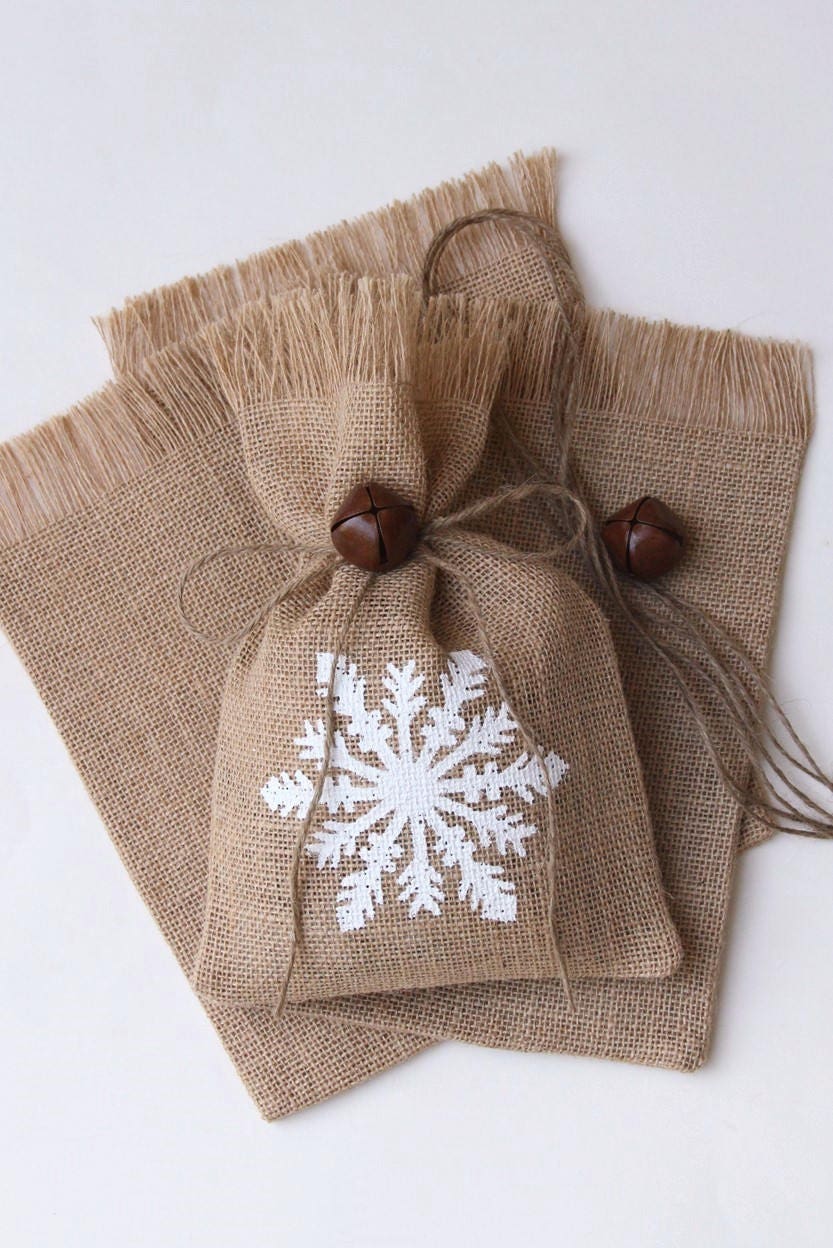 Burlap Gift Bags Set of FOUR Hand Painted Snowflake Shabby | Etsy