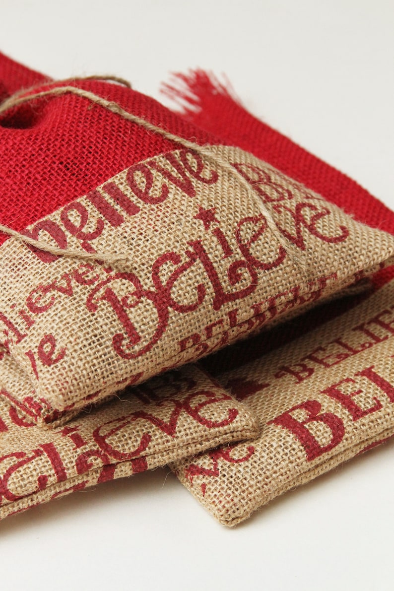 Farmhouse Set of Four Red /& Natural Jingle Bell Tie On Baked Goods Shabby Chic Christmas Wrapping Packaging Believe Burlap Gift Bags