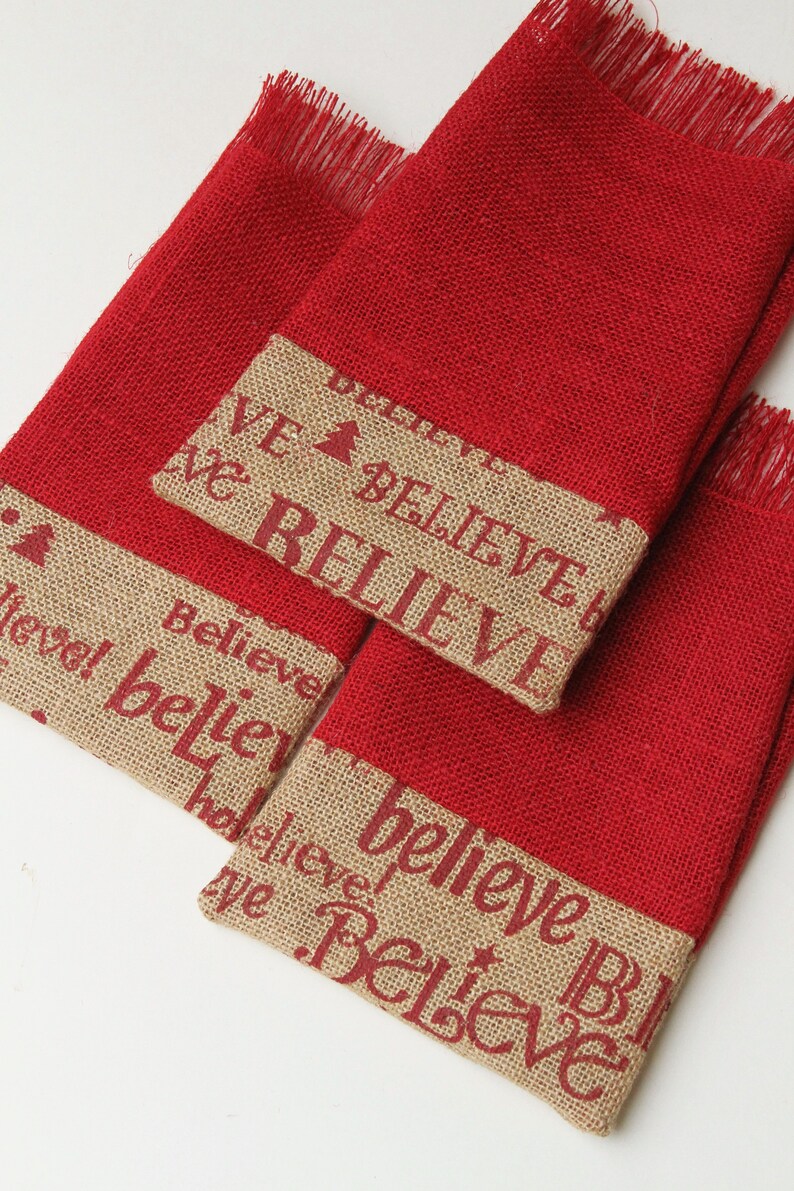 Farmhouse Set of Four Red /& Natural Jingle Bell Tie On Baked Goods Shabby Chic Christmas Wrapping Packaging Believe Burlap Gift Bags