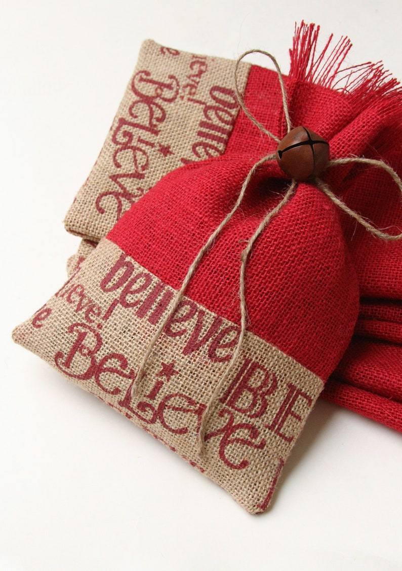 Farmhouse Set of Four Red /& Natural Jingle Bell Tie On Baked Goods Shabby Chic Christmas Wrapping Packaging Believe Burlap Gift Bags
