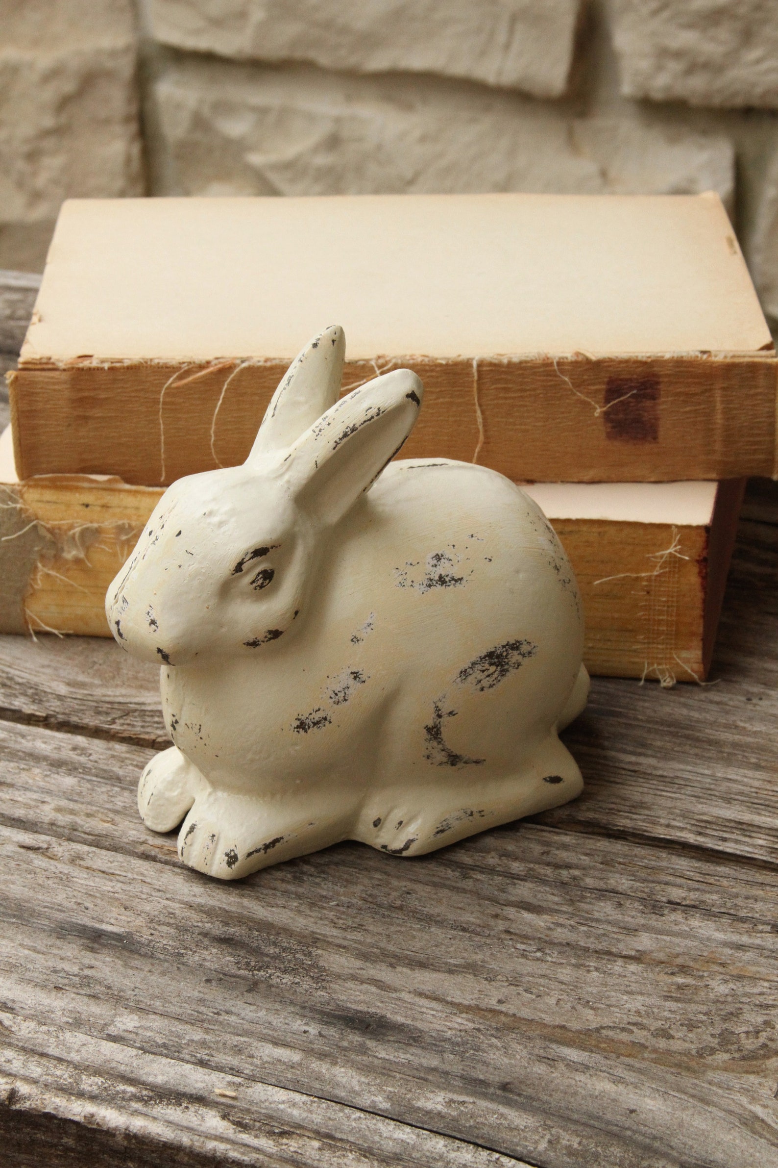 Rabbit Bunny Cast Iron Distressed Ivory & Cream Shabby Etsy