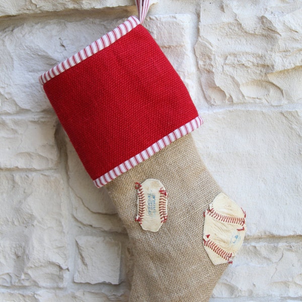 Baseball Christmas Stocking, Red Ticking and Burlap, Natural and Red, Repurposed Baseballs, Gift for Guy, Patched Stocking, OOAK