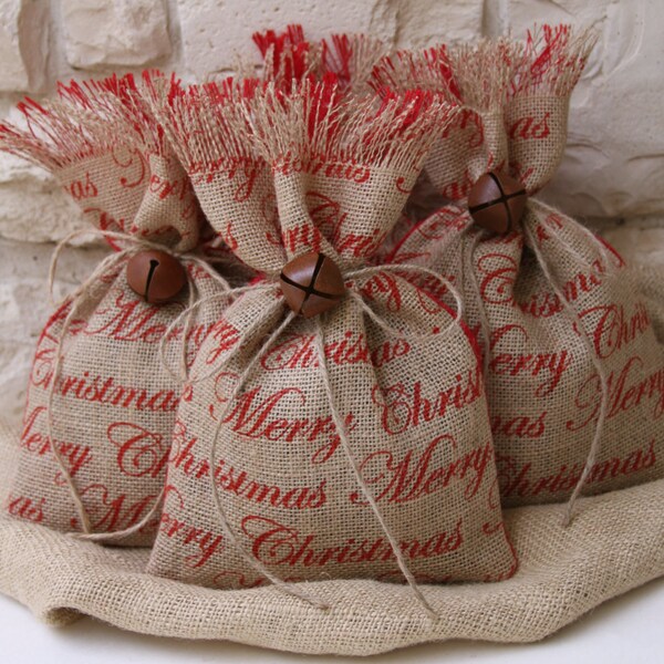 Christmas Burlap Gift Bags, Set of FOUR, Farmhouse Wrapping, Red and Natural, Merry Christmas, Rustic Jingle Bell Tie On, Jute Twine Tie.