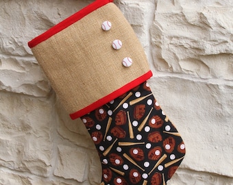 Baseball Christmas Stocking, Cotton, Natural Burlap, Baseball Bat, Gift for Guy, Coaches Gift, MLB, Athlete, Sports, Decoration, Buttons.