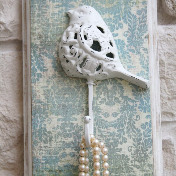 Reserved listing for Janae. TWO - Bird Wall Hook, Cast Iron, Mounted on Reclaimed Wood, White, Pale Blue and Ivory