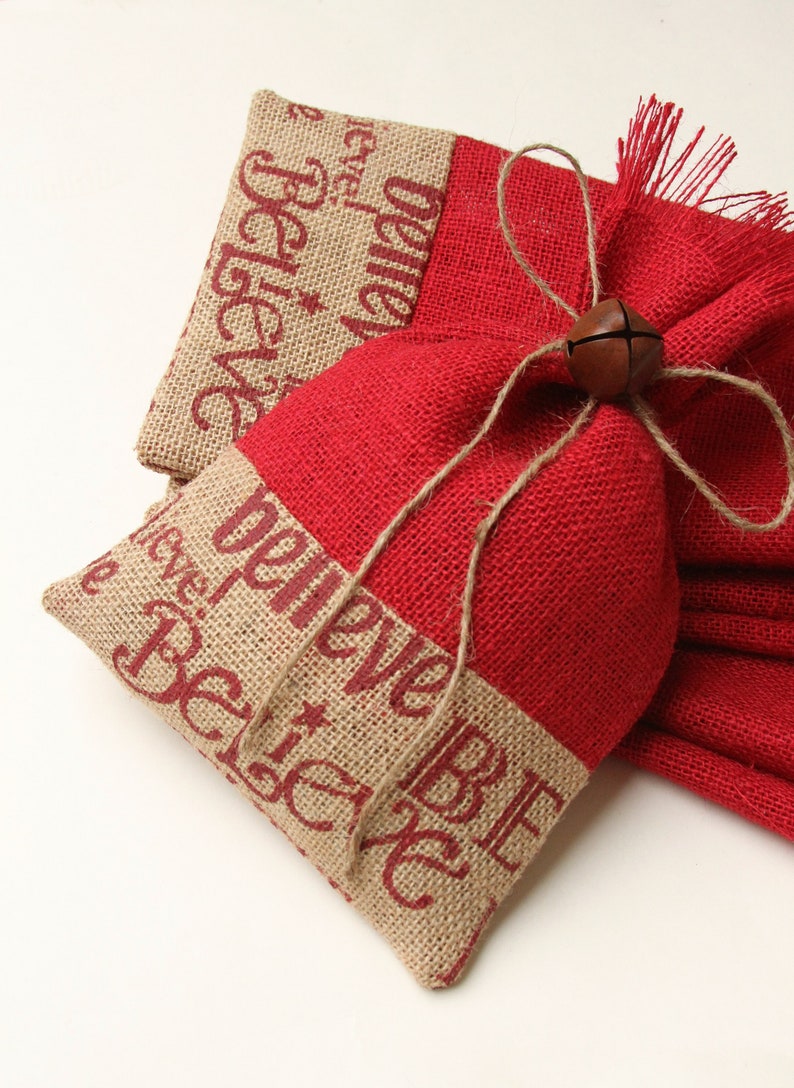 Farmhouse Set of Four Red /& Natural Jingle Bell Tie On Baked Goods Shabby Chic Christmas Wrapping Packaging Believe Burlap Gift Bags