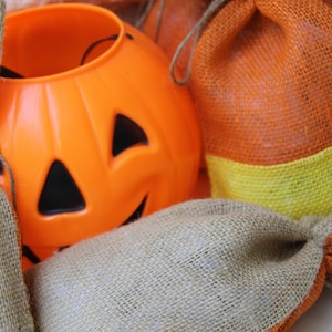 Burlap Gift bags, Halloween, Candy Corn, Thanksgiving, Farmhouse, Set of FOUR, As seen in Country Living October 2014 Treat Bags, Orange. image 4