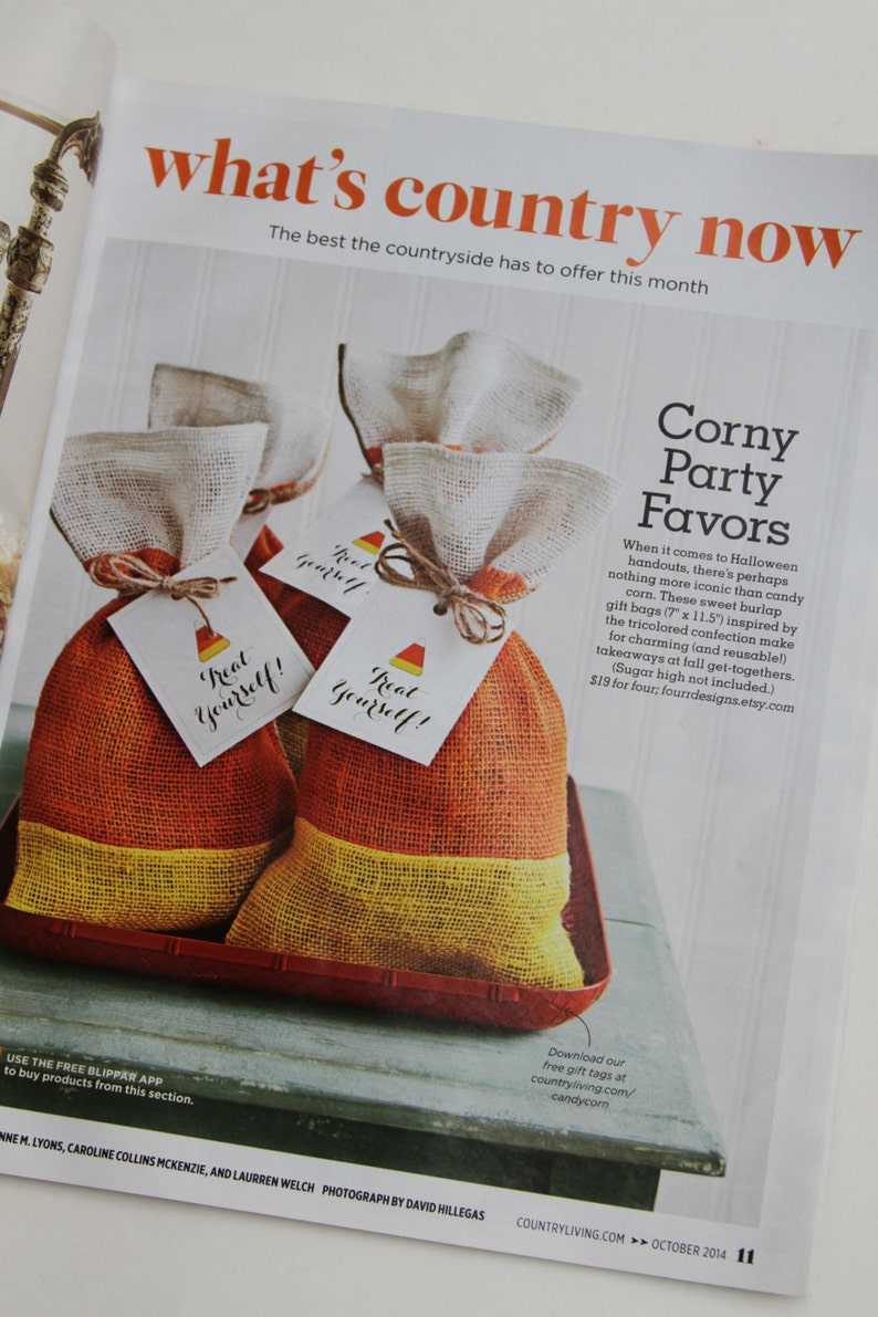 Burlap Gift bags, Halloween, Candy Corn, Thanksgiving, Farmhouse, Set of FOUR, As seen in Country Living October 2014 Treat Bags, Orange. image 5