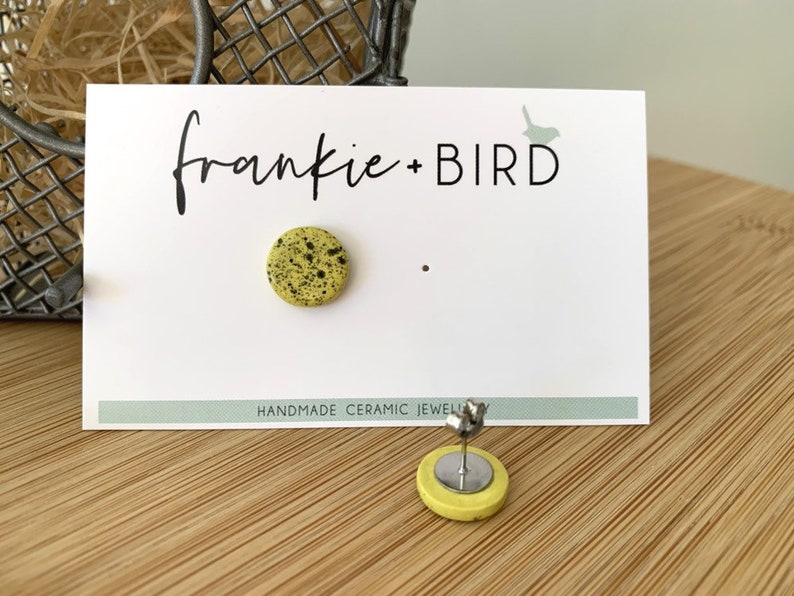 handmade earrings yellow studs Ceramic stud earrings clay studs chartreuse splash ceramic earrings ceramic studs