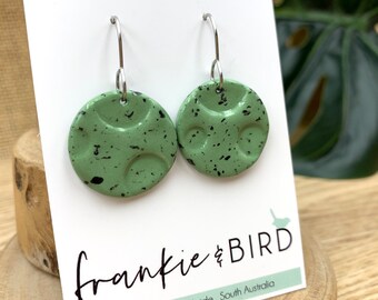 Ceramic hook earring, Ceramic earrings, handmade earrings, speckled, clay earrings, clay hooks, ladies gift, sage green earrings, clay