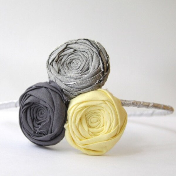 Silk and Cotton Rosette Yellow Gray and Charcoal Flower Ribbon Wrapped Headband