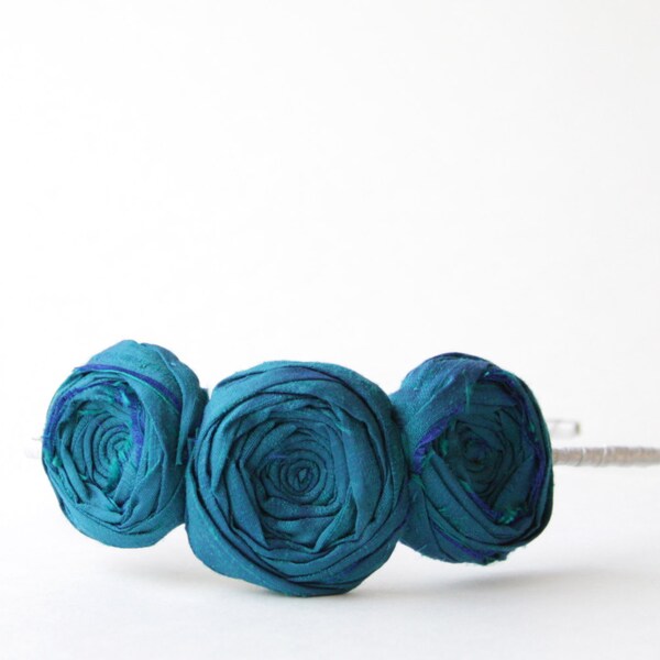 SALE Rosette Couture Headdress Headband Turquoise Indie Blue Silk Trio Flower Hair Band Ribbon Wrapped Silver