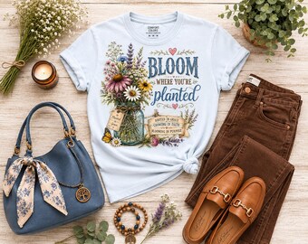 Maglietta "Fiorisci dove sei piantato" / Maglietta floreale cristiana / Maglietta ispiratrice sulla fede / Maglietta boho con grafica di fiori selvatici / Regalo per donne