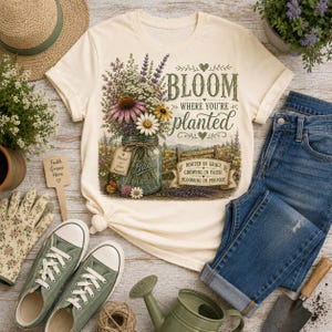 Puede incluir: Una camiseta color crema con un gr&aacute;fico de un frasco de vidrio lleno de flores silvestres. El texto dice: BLOOM WHERE YOU'RE planted, ROOTED IN GRACE, GROWING IN FAITH, BLOOMING IN PURPOSE. Una peque&ntilde;a etiqueta en el frasco dice: Faith Grows Here.