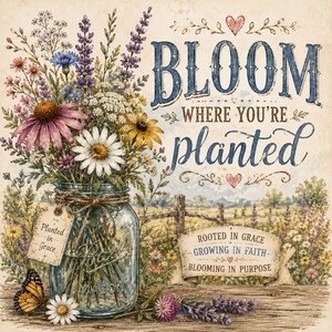 Puede incluir: Una l&aacute;mina decorativa con un tarro de cristal lleno de flores silvestres como margaritas, lavanda y equin&aacute;ceas. El texto dice "BLOOM WHERE YOU'RE PLANTED" y "ROOTED IN GRACE, GROWING IN FAITH, BLOOMING IN PURPOSE" junto a una mariposa.