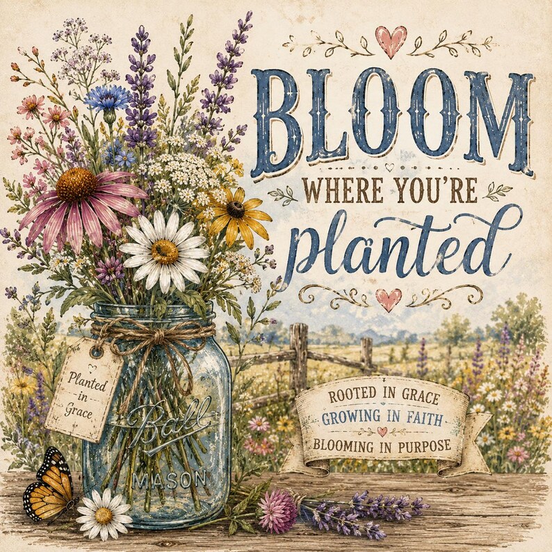 Puede incluir: Una l&aacute;mina decorativa con un tarro de cristal lleno de flores silvestres como margaritas, lavanda y equin&aacute;ceas. El texto dice "BLOOM WHERE YOU'RE PLANTED" y "ROOTED IN GRACE, GROWING IN FAITH, BLOOMING IN PURPOSE" junto a una mariposa.