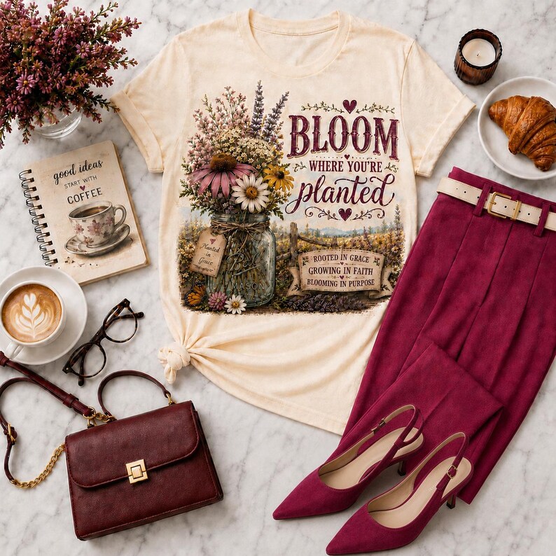 Puede incluir: Una camiseta de color crema con un gr&aacute;fico de un frasco de vidrio lleno de flores silvestres y el texto "BLOOM WHERE YOU'RE planted" junto con "ROOTED IN GRACE GROWING IN FAITH BLOOMING IN PURPOSE" impreso en una fuente granate.