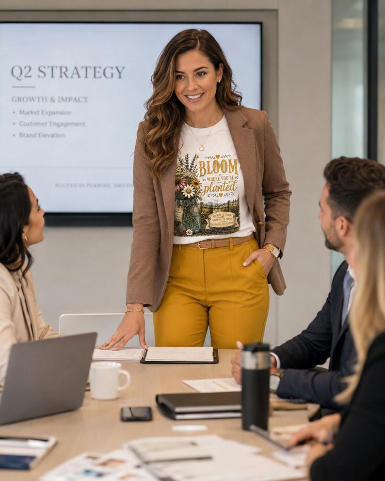 Puede incluir: Una camiseta blanca con un gr&aacute;fico floral y el texto "BLOOM WHERE YOU'RE PLANTED", usada bajo un blazer marr&oacute;n con pantalones amarillo mostaza y un cintur&oacute;n marr&oacute;n a juego. El dise&ntilde;o incluye lavanda, girasoles y una valla.