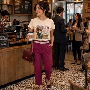 Puede incluir: Una camiseta color crema con un gr&aacute;fico de un frasco de vidrio lleno de flores silvestres coloridas y el texto "BLOOM where you're planted", combinada con pantalones magenta oscuro, un cintur&oacute;n blanco y un bolso de hombro rojo oscuro.