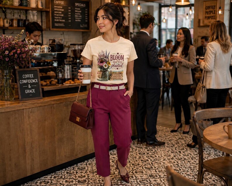 Puede incluir: Una camiseta color crema con un gr&aacute;fico de un frasco de vidrio lleno de flores silvestres coloridas y el texto "BLOOM where you're planted", combinada con pantalones magenta oscuro, un cintur&oacute;n blanco y un bolso de hombro rojo oscuro.