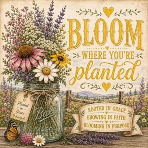 Puede incluir: Una impresi&oacute;n decorativa con un frasco de vidrio Ball Mason lleno de flores silvestres coloridas, incluyendo lavanda morada y equin&aacute;ceas rosas. El texto dice "BLOOM WHERE YOU'RE PLANTED", "Planted in Grace" y "ROOTED IN GRACE GROWING IN FAITH BLOOMING IN PURPOSE."