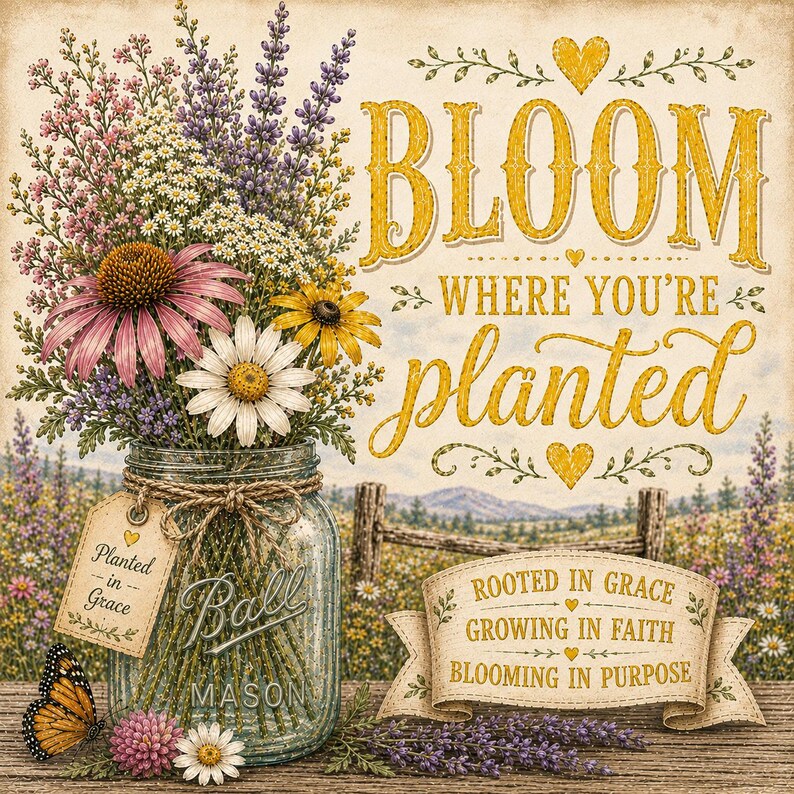 Puede incluir: Una impresi&oacute;n decorativa con un frasco de vidrio Ball Mason lleno de flores silvestres coloridas, incluyendo lavanda morada y equin&aacute;ceas rosas. El texto dice "BLOOM WHERE YOU'RE PLANTED", "Planted in Grace" y "ROOTED IN GRACE GROWING IN FAITH BLOOMING IN PURPOSE."