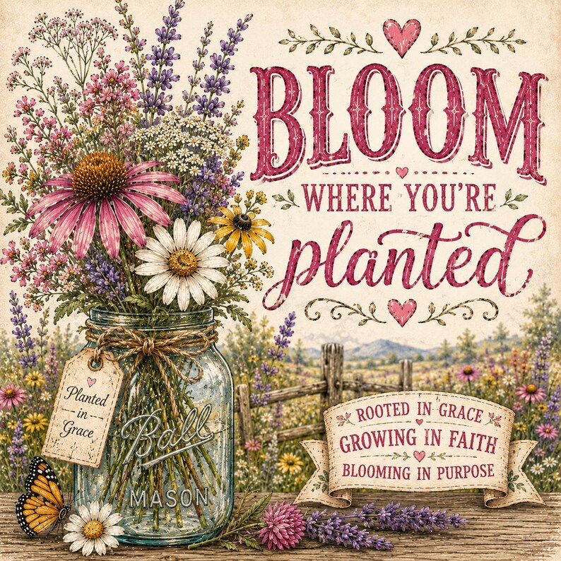 Puede incluir: Una l&aacute;mina decorativa con un tarro de cristal Ball Mason lleno de flores silvestres coloridas, incluyendo lavanda morada, equin&aacute;ceas rosas y margaritas blancas. El texto dice "BLOOM WHERE YOU'RE PLANTED", "Planted in Grace" y "ROOTED IN GRACE GROWING IN FAITH BLOOMING IN PURPOSE".