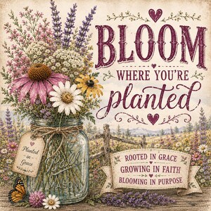 Puede incluir: Una impresi&oacute;n de arte mural cuadrada con un frasco de vidrio lleno de lavanda morada, margaritas blancas y flores equin&aacute;ceas rosas. El texto dice BLOOM WHERE YOU'RE PLANTED, PLANTED IN GRACE y ROOTED IN GRACE, GROWING IN FAITH, BLOOMING IN PURPOSE.