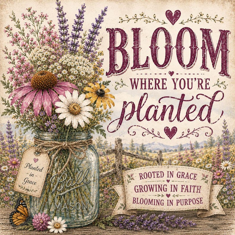 Puede incluir: Una impresi&oacute;n de arte mural cuadrada con un frasco de vidrio lleno de lavanda morada, margaritas blancas y flores equin&aacute;ceas rosas. El texto dice BLOOM WHERE YOU'RE PLANTED, PLANTED IN GRACE y ROOTED IN GRACE, GROWING IN FAITH, BLOOMING IN PURPOSE.