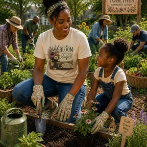 Puede incluir: Una camiseta de color crema con un gr&aacute;fico de un frasco de vidrio lleno de flores coloridas y el texto "BLOOM WHERE YOU'RE planted". La camiseta la lleva una persona arrodillada en un jard&iacute;n, combinada con vaqueros azules y guantes de jardiner&iacute;a florales.