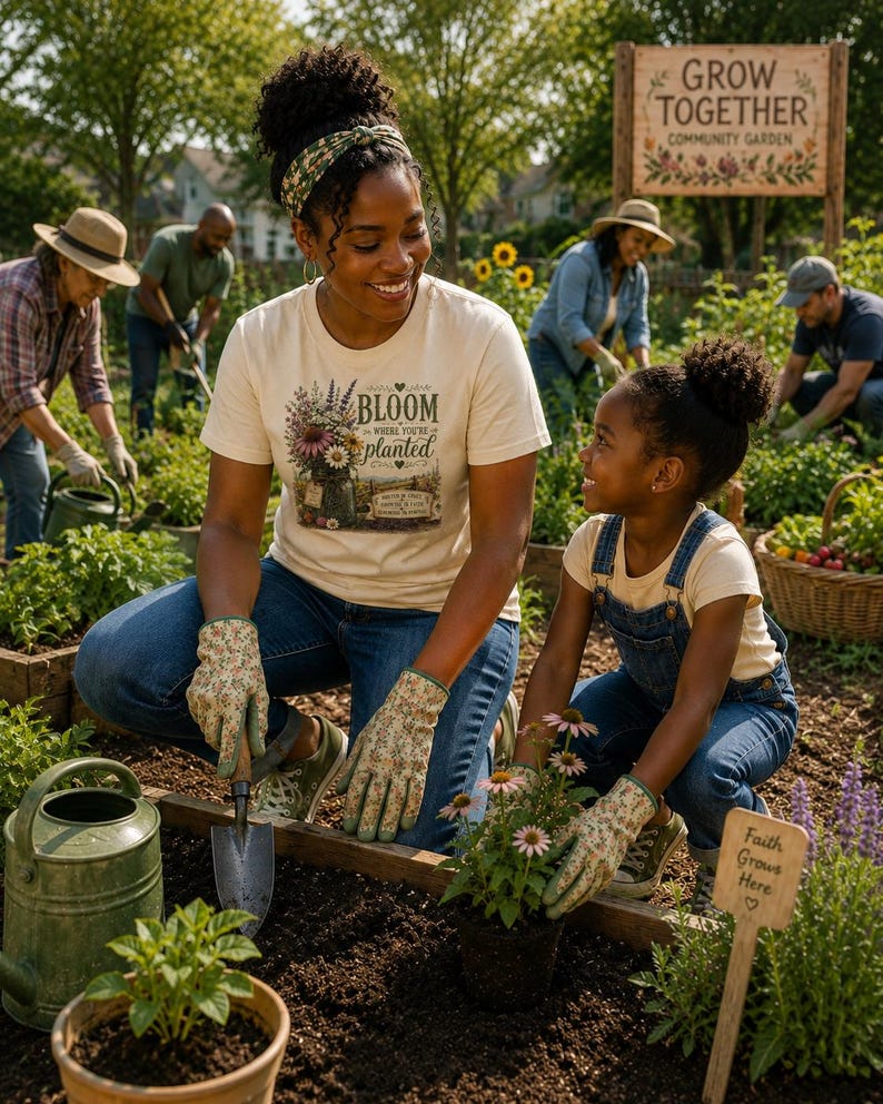 Puede incluir: Una camiseta de color crema con un gr&aacute;fico de un frasco de vidrio lleno de flores coloridas y el texto "BLOOM WHERE YOU'RE planted". La camiseta la lleva una persona arrodillada en un jard&iacute;n, combinada con vaqueros azules y guantes de jardiner&iacute;a florales.