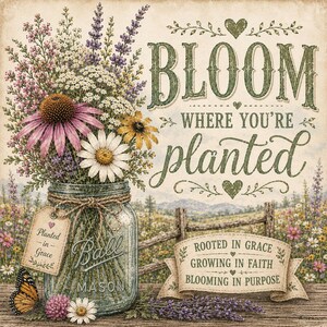 Puede incluir: Un letrero decorativo con un frasco de vidrio Ball Mason lleno de flores silvestres moradas, blancas y amarillas. El texto dice BLOOM WHERE YOU'RE PLANTED, con una etiqueta Planted in Grace y una pancarta ROOTED IN GRACE, GROWING IN FAITH, BLOOMING IN PURPOSE.