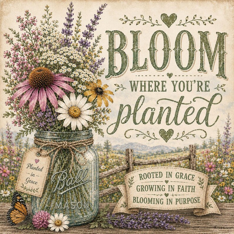 Puede incluir: Un letrero decorativo con un frasco de vidrio Ball Mason lleno de flores silvestres moradas, blancas y amarillas. El texto dice BLOOM WHERE YOU'RE PLANTED, con una etiqueta Planted in Grace y una pancarta ROOTED IN GRACE, GROWING IN FAITH, BLOOMING IN PURPOSE.
