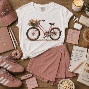 Puede incluir: Una camiseta blanca con un gráfico de bicicleta rosa, una falda pantalón rosa empolvado, zapatillas rosa empolvado, una gorra con el texto GAME ON, un cuaderno rosa con FOCUS PLAN ACHIEVE, una lista de estudio, un bolígrafo, un coletero y el libro Atomic Habits.
