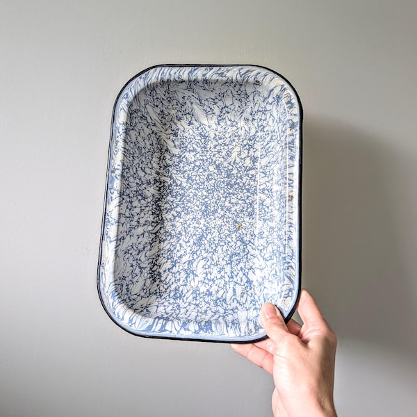 Vintage Blue Swirl Rectangle Enamelware Tray / Dish / Pan