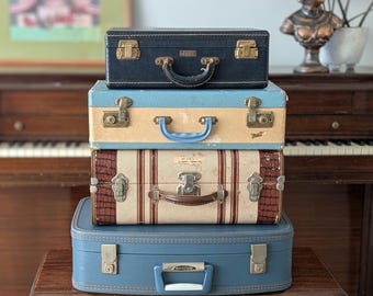 Vintage Suitcases - Sold Individually - Blue, Tan, and Brown Tones - Hard Sided Luggage - Train Case