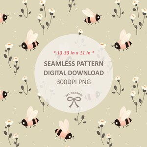 Könnte beinhalten: Nahtloses Muster mit Cartoon-Bienen mit rosa und schwarzen Streifen, weißen Flügeln und kleinen weißen Blumen auf hellbeigem Hintergrund. Der Text lautet "SEAMLESS PATTERN DIGITAL DOWNLOAD 300DPI PNG" und die Abmessungen sind 33,86 x 27,94 cm.