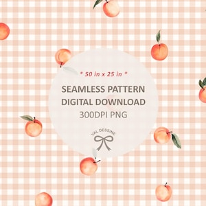 Può includere: Un motivo digitale senza cuciture con pesche ad acquerello su uno sfondo a quadri vichy rosa e bianco. Il motivo è largo 50 pollici e alto 25 pollici ed è disponibile come file PNG a 300 DPI.