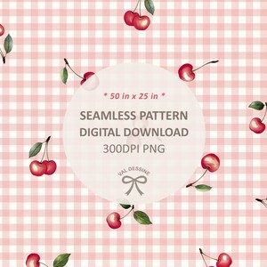 Op de afbeelding: Een naadloos digitaal patroon met rode kersen met groene stelen en bladeren op een roze en witte ruitjesachtergrond. Het patroon is 127 cm bij 63,5 cm en 300 DPI.