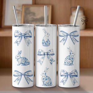 Blue Chinoiserie Tumbler Wrap, Coquette Easter Bunny Png, Grand Millenial 20oz Skinny Sublimation Design, Bow Seamless png Digital Download