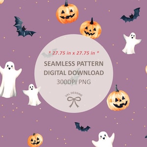 Puede incluir: Un patrón sin costuras con ilustraciones de acuarela de calabazas, fantasmas y murciélagos sobre un fondo morado. El patrón mide 27,75 pulgadas por 27,75 pulgadas y está disponible como descarga digital PNG de 300 DPI.