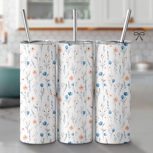 Blue Floral Tumbler Wrap, Spring printable Png, Ditsy Flowers 20oz Skinny Sublimation Design, Garden Party Seamless png Instant Download