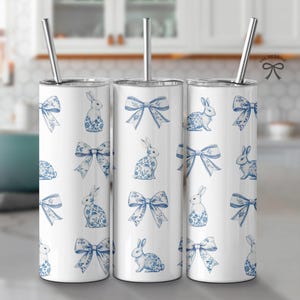 Blue Chinoiserie Tumbler Wrap, Coquette Easter Bunny Png, Grand Millenial 20 oz Skinny Sublimation Design, Bow Seamless png Digital Download