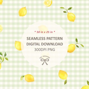 May include: A seamless pattern digital download featuring yellow lemons with green leaves on a green and white gingham background. The pattern is 50 inches by 25 inches and 300 DPI.