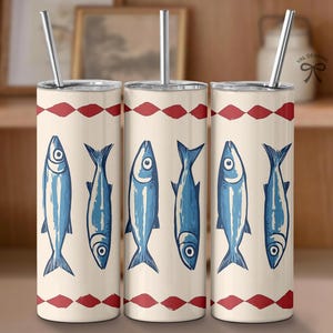 Sardines 20 oz skinny tumbler wrap, Tin Fish Sublimation png, Fisherman Seamless print, seaside mug, Retro Italian Food design, Coastal cup