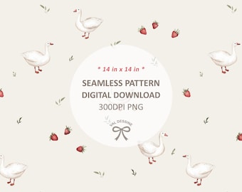 Strawberry Goose Seamless Pattern, Cottagecore Kids Print (PNG Digital Download)
