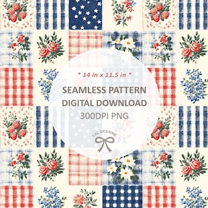 May include: A seamless digital pattern with a patchwork design. It features floral and berry motifs, red and blue plaid, stripes, and star patterns. The design includes the text "14 in x 11.5 in" (35.56 cm x 29.21 cm) and "Seamless Pattern Digital Download 300DPI PNG".
